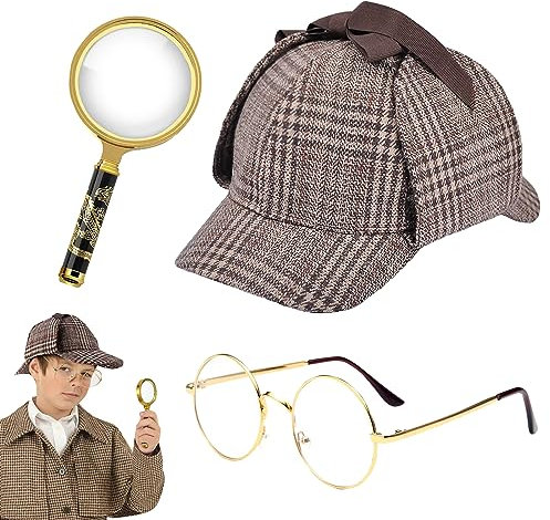 3 Stk Detektiv Kostüm Zubehör Set mit Detektivhut, Lupe, Metallbrille, 20er Jahre Detektiv Kostüm Jungen Detektiv Kostüm für Karneval, Maskerade, Event, Party，Holmes Detektiv Anzug