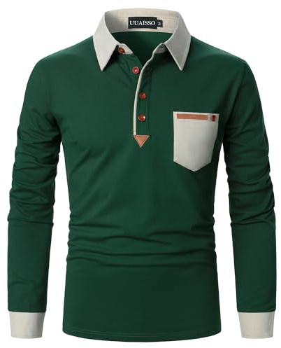 UUAISSO Poloshirt Herren Langarm Polo Shirts Baumwolle Farbe Nähen Tasche T-Shirt Slim Fit Golf Grün M