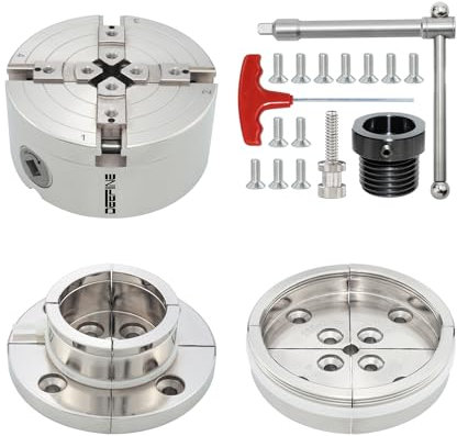 DEEFIINE 4 Inch Wood Lathe Chuck Set M33 X 3.5 Thread and M18 X 2.5 Adapter, Nickel Plated Self Centering 4 Jaw Wood Turning Chuck Set (2PCS Jaws)