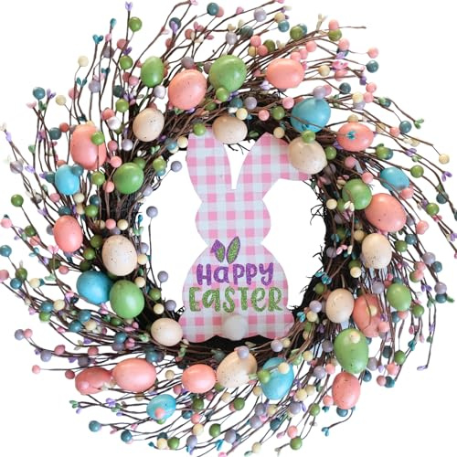 CIR OASES 18 inch Easter Eggs Wreath for Front Door, Wall, Window, Fireplace, Artificial Easter Hanging Wreath with Plastic Foam Eggs, Grapevine, Plastic Berries, Multicolored