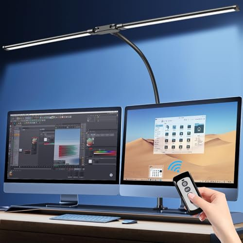 COTLEDL Schreibtischlampe LED Dimmbar,24W 75CM Schreibtischlampe mit Fernbedienung,2400 Lumen Doppelkopf Klemmbar Tageslichtlampe Schreibtisch,5 Farben und 10 Helligkeitsstufen Monitor Lampe