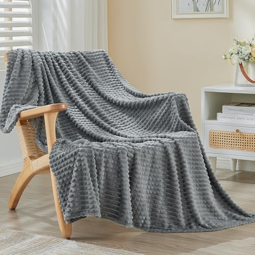EMME Fleece Throw Blanket for Sofa, Soft, Fluffy, 3D Touch Experience, Warm Cozy Throw, Versatile Single Flannel Blanket for Bed, Couch, Sofa, Armchairs, OEKO-TEX (Dark Grey, 130x150cm)