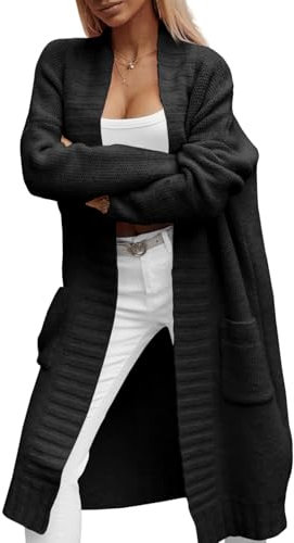 Imily Bela Damen Strickjacke mit Taschen Lang Grobstrick Cardigan Herbst Strickmantel Winter Open Front Pullover(Schwarz, M)