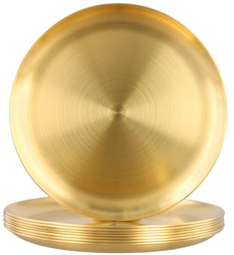 FUNSUEI 8 Stück Edelstahl Rundes Geschirr, Platzteller Gold Edelstahl Teller 26 cm, Servierplatte Dekoratives Tablett für Backen, Servieren, Deko