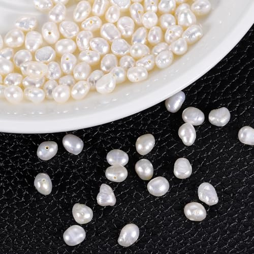 sourcing map 100 Pcs Freshwater Pearl Beads, 5-6mm Irregular Loose Gemstone Pearls 0.8mm Side Hole for Leather Cord Beading Jewelry Making DIY Craft, White