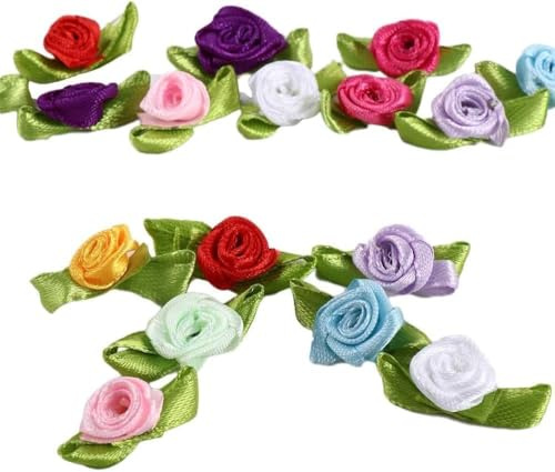 100 mini rose ornamentali in nastro di colori misti, in tessuto satinato, con foglie, applicazioni da cucito e decorazioni per giacche, gonne, decorazioni artistiche