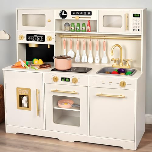 Play Kitchen for Kids, Wooden Pretend Toy Kitchen Set with Appliances & Smart Storage, Kids Kitchen Playset with 49 Toy Food & Cookware Accessories for Toddlers, Stove, Play Sink, Gift for Ages 3+