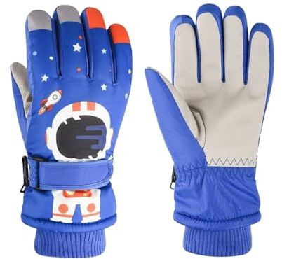 1 paire de gants de ski pour enfants - Poignets réglables - Gants imperméables et coupe-vent - Imprimé avec astronautes et motif de fusée - Gants chauds pour enfants - Ski - Snowboard - Équitation