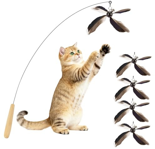 ottmat Cat Wand Toys Interactive for Indoor Cats, 4PC 4-Blade Feather Propeller Refills, 1PC Cat Wand (Classic Mocha Brown)