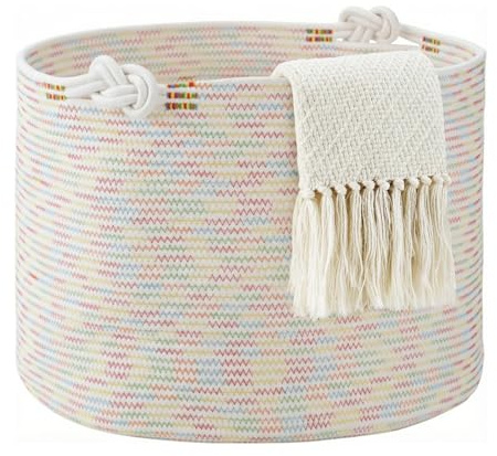 COSYLAND Cesto de Ropa Sucia de Cuerda de Algodón D50 x H35 cm – Cesta para la Ropa Sucia con Asas – Cesto Plegable para Mantas, Juguetes y Lavandería – Blanco Crema con Patrón Multicolor