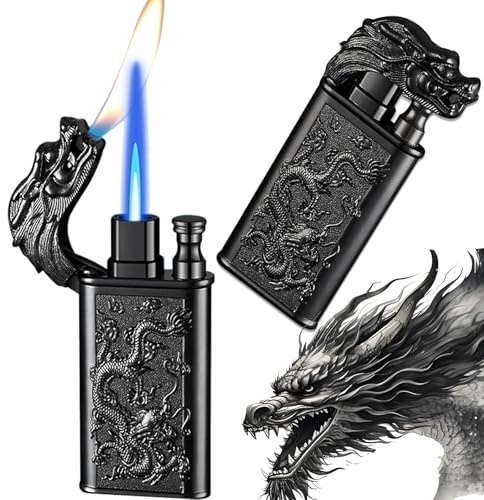 mechero de tormenta con Bello Relieve de dragón, Cuenta con Llama Regulable y Llama Suave, Ideal para Velas, Cocina y Camping (sin butano)- Negro