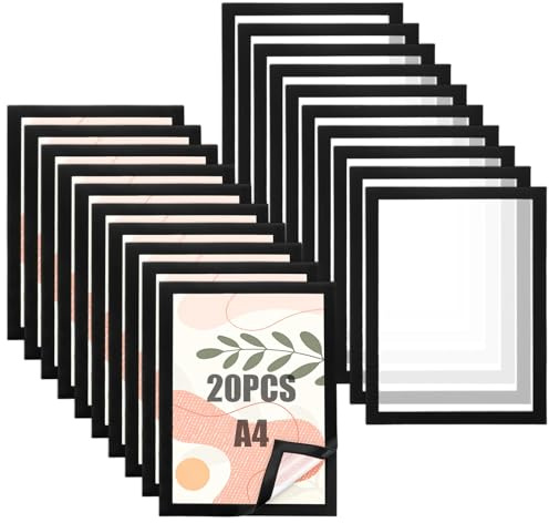 LDHHYH 20 Piezas Marcos Magnéticos A4 Negros de PVC Transparente, Marco de Información A4 Autoadhesivo Doble Cara, Marco Fotos para Documentos, Carteles, Oficina y Escaparate