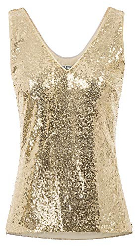 Damen Pailletten Tops Sparkling Tank Top Sparkle Shimmer Bluse Ärmellos V-Ausschnitt Weste XL Golden CL011080-3