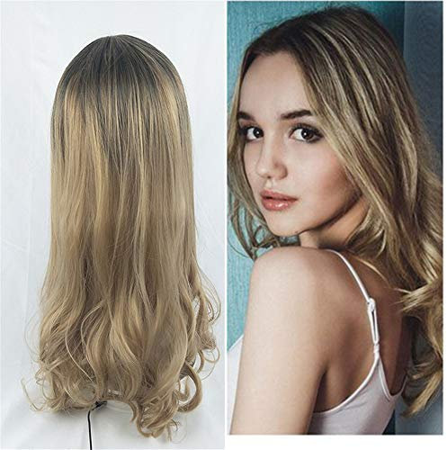 Lange Lockig Ombre Perücke Dunkel Wurzeln Mitte Teil Eisstockschießen Welle Realistisch Natürlich Synthetik Länge Lose Haar Perücken zum Damen Cosplay Party Kostüm,I