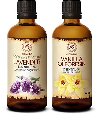 Ätherische Öle Set 2x100ml - Ätherisches Lavendelöl und Vanille Oleoresin Öl - Aromatherapie GeschenkSet für Diffuser - Öle für Diffusers und Seifenherstellung - Öle für Kerzen und Romantik