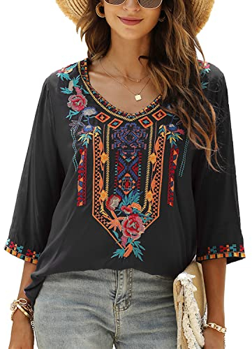 Vakakado Hippie Kleidung Damen Bohemian Folklore Stickerei Bluse 3/4 äRmel V Ausschnitt Tunika Sommer LäSsige Oberteil(328,Schwarz,2XL)