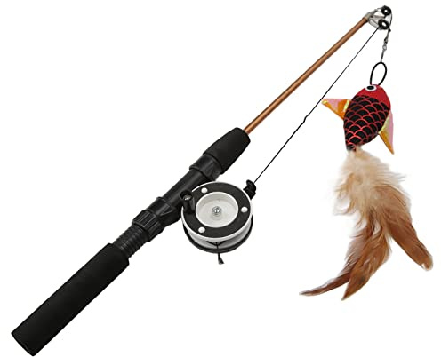 Caña de Pescar Telescópica para Gatos, Juguete Interactivo con de Polea Retráctil, para Ejercicio y Diversión en Interior y Exterior