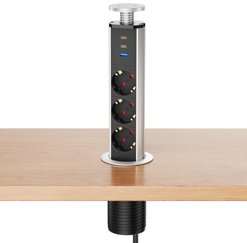 Infällbar grenuttag med 2×USB-C PD20W och USB-A, 3-vägs infällbar bordsladdare för kök och kontor, 1,8 m kabel, 4000W/16A, Ø 60 mm