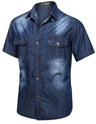 WINDEHAO Hombres Manga Corta Camisa Mezclilla Verano Casual Button Down Camisa Mediana Edad Camisa Joven (M,Azul Oscuro)