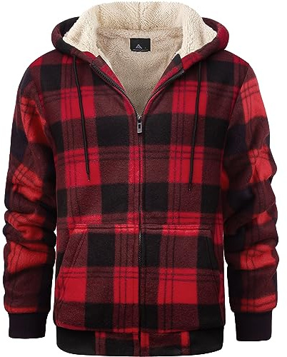 geeksport Sudadera Cuadros Hombre con Capucha Franela de Invierno Cálido Sudaderas Hombres Cremallera Forro Polar Hoodie 2539 Rojo XXL