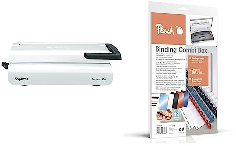 Fellowes Plastikbindegerät A4 Pulsar+ 300 für Büros & Peach PB100-14 Plastikbindeset für 12 Dokumente, DIN A4, 36-teilig