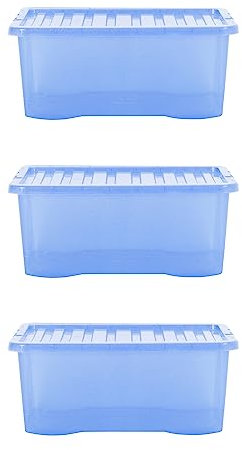 Wham Crystal Sparkle 3x 45L Plastic Storage Boxes with Lids Tint Sparkle Blue. Medium Size, Strong (Pack of 3)