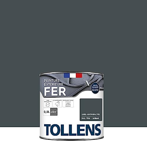 Tollens - Peinture extérieure fer 2 en 1 - Ultra Résistante - Protection antirouille - Laque Riche en Résine - Sans Sous-Couche - Entretien Facile - Brillant - Gris Anthracite - 0,5L = 8m2