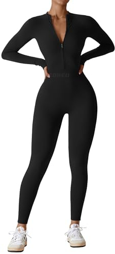 YEOREO Women Long Sleeve Workout Jumpsuit Zip Up Romper Bottom Pants Bodysuit Bodycon Sexy One Piece Black M