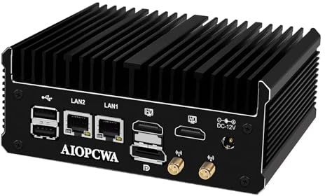 AIOPCWA Industrial PC, Fanless Mini PC, N100, 2 × 2.5GbE i226V LAN Port, 2 × COM RS232, Support WIFI/BT, Fanless Desktop Computer, DDR4 8GB RAM 256GB NVMe SSD, Windows 11 Pro