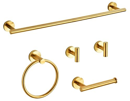 Brushed Gold Bathroom Hardware Set 5 Piece with Towel Racks for Bathroom, SUS304 Stainless Steel Bath Towel Bar Set, 24 Inch Wall Mounted Accessories Kit…