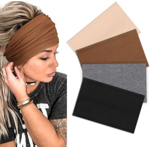 DRESHOW Bandeau Cheveux Femme Sport Large pour Yoga Élastique Bandeau de Cheveux Antidérapant Bandeaux de Sports Running Exercice Serre Tête pour Filles 4 Pièces
