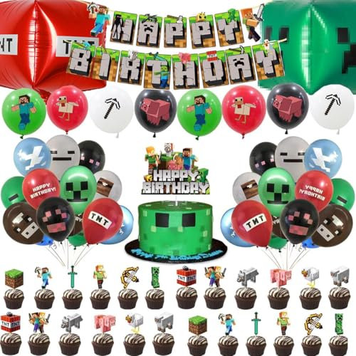 Geburtstagsdeko Videospiele Junge Mädchen,Geburtstag Deko für Videospiele Party Dekoration Set Enthält Happy Birthday Banner Luftballons Tortendeko Kuchen Deko
