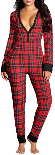 Qianderer Pigiama intero da donna lungo con bottoni sul retro con patta sexy con scollo a V tuta aderente body da notte (Bb rosso a quadretti, XL), Plaid Rosso Sib, XL