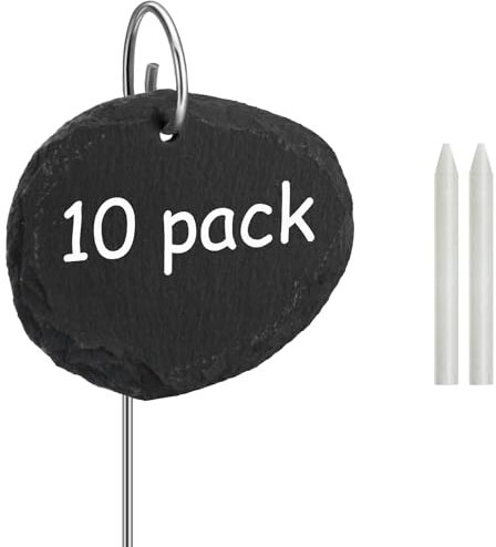Poeland Lot de 10 panneaux pour plantes en ardoise - Résistants aux intempéries - Réutilisables - Avec tige en métal ovale