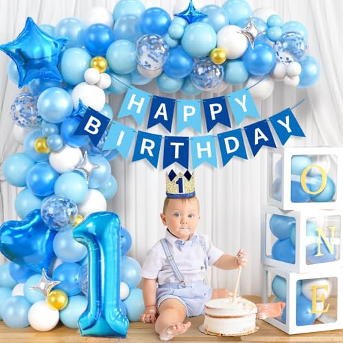 Tacobear Deko 1. Geburtstag Junge Geburtstagsdeko 1 Jahr mit Geburtstagskrone 1. Geburtstag Luftballons Girlande Blau Ballonbox, Party Dekoration Baby Shower Erster Kindergeburtstag Babyparty Deko