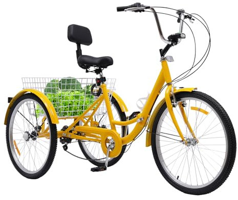 MINUS ONE 24 tum vikbar trehjuling för vuxna, 7 växlar lastcykel 3 hjul seniorcykel kvinnor för utomhusaktiviteter, stadscykel cykel med shoppingkorg, cargocykel (gul)