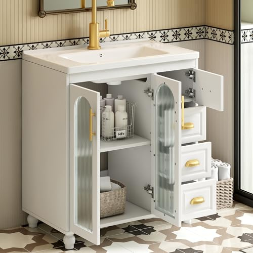Ligterra Mueble de baño individual moderno mueble de baño con armario bajo 80 cm, blanco, lavabo de cerámica, resistente al agua, patas antideslizantes, fácil montaje