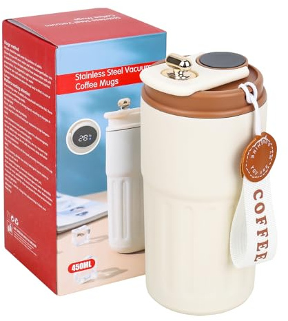 Water Bottle Coffee Flask with Temperature Display, 450 ml Insulated Travel Coffee Mug Reusable Thermal Cups with Leakproof Lid for Hot and Cold Coffee Water