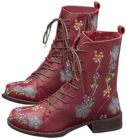 Womens Mid Calf Boots Floral Embroidery Riding Boot Lace Up Combat Booties Western Cowboy Boots Ladies Low Heel Ankle Boot Side Zipper Booties Chunky Heel Round Toe Shoes Waterproof Walking Bootie
