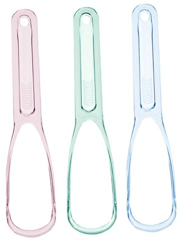 Ciieeo Raschietto per Lingua Manico lungo Ergonomico in Plastica 3 Pezzi e Igiene Orale Quotidiana e Forma Curva per Pulizia del Rivestimento Linguale