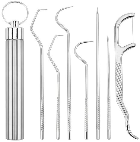 pelriox 7 Stück Edelstahl Zahnpflegeset – Wiederverwendbare Metall-Zahnstocher mit Zahnsteinentferner, rutschfester Griff, tragbar für Zuhause/Reise/Outdoor, Mundreinigung nach dem Essen