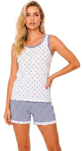 o-day Vanuè Completo 2 Pezzi Canotta e Pantaloncino Pigiama Corto Donna Cotone 100% -Pigiama Donna Estivo Leggero (IT, Testo, L, Regular, Regular, Cuori e Righe - Blu)