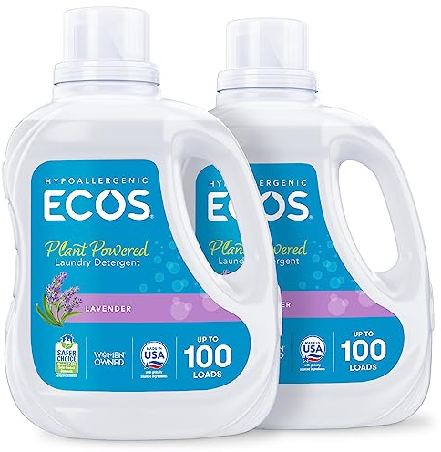 ECOS Laundry Detergent Liquid, 200 Loads - Dermatologist Tested Laundry Soap - Hypoallergenic, EPA Safer Choice Certified, Plant-Powered - Lavender, 100 Fl Oz (Pack of 2)