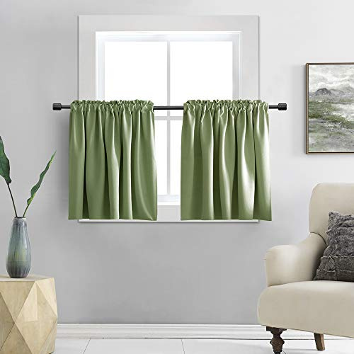 DONREN 2 Panels Room Darkening Half Curtains for Small Windows - Cabinet Curtain Tiers for Kitchen with Rod Pocket (Sage Green,42 x 36 Inch Length)