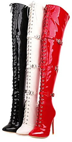 GAOword Stivali da Donna 15CM Stivali con Tacco Alto in Pelle Verniciata con Lacci da 8 Pollici Stivali sopra Il Ginocchio Scarpe da Ballo Sexy per Discoteca,Nero,41 EU