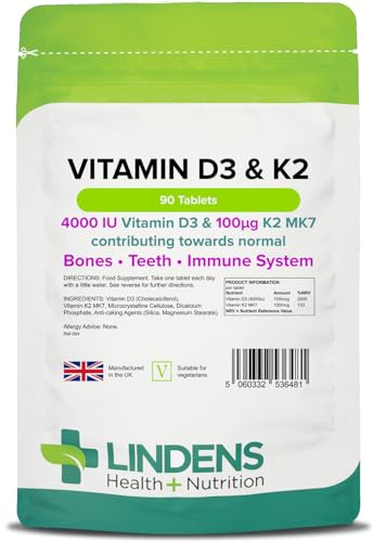 Lindens Vitamin D3 4000IU & MK7 K2 | 90 Tablets | UK Made | Immune Health, Bones, Teeth, Muscle, Blood Calcium Absorption | High Strength Vitamin D & K2 Supplement | 3 Months Supply | Vegetarian