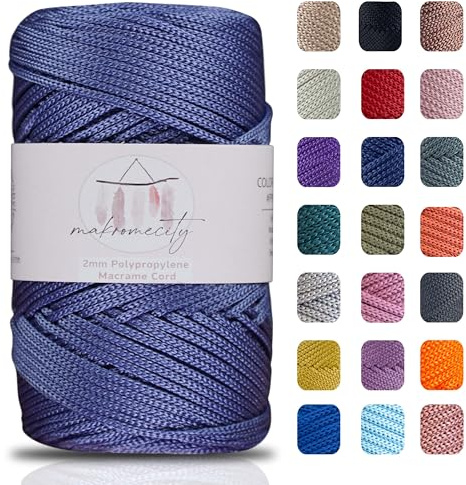 Makromecity makramégarn 2 mm x 230 m, premium polyester, makramérep, polypropen, garn för hantverk, hemdekorationer, bordstabletter, axelväska, handväska, löpare, nappkedja, 20 färger (denimblå)