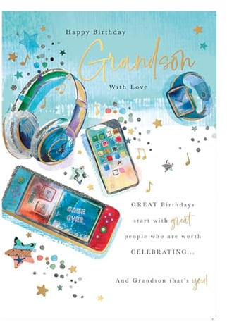 Words and Wishes Grandson födelsedagskort - mobiltelefon, hörlurar och spel med präglad folie och flitter finish