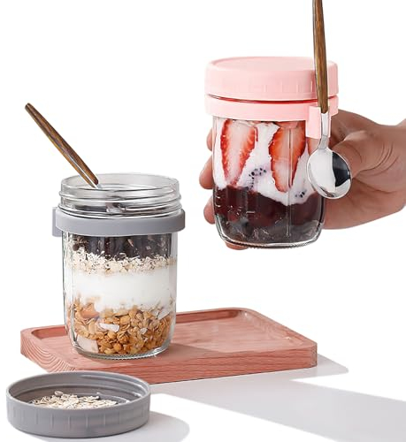 Shivpiin Overnight Oats Jar 2Pz Bicchiere per Cereali Tazza in Vetro con Coperchio Riutilizzabile Tazza Yogurt e Cereali, Contenitore di Avena Durante la Notte con Coperchio e Cucchiaio