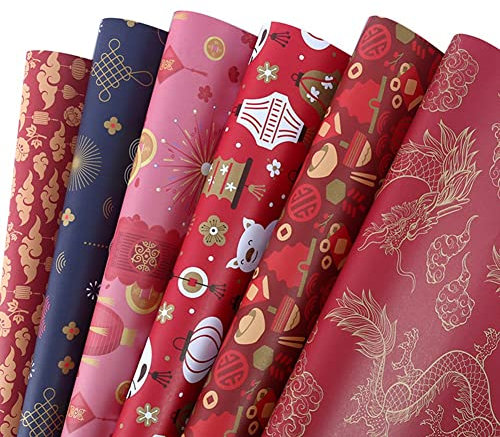 Seprendi Geschenkpapierbögen, 6er-Set, Frühlingsfest, chinesisches Neujahr, DIY-Geschenk, rotes Geschenkpapier, 70 cm x 50 cm